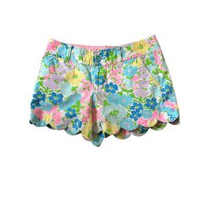 Lilly Pulitzer Buttercup Shorts Scalloped Hem Floral Pastels Size 0 Cotton Blend